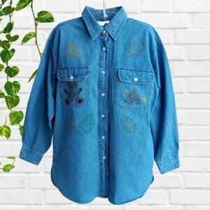 Women's Denim Shirt Blouse Button Up Front Blue Size S - American Rave